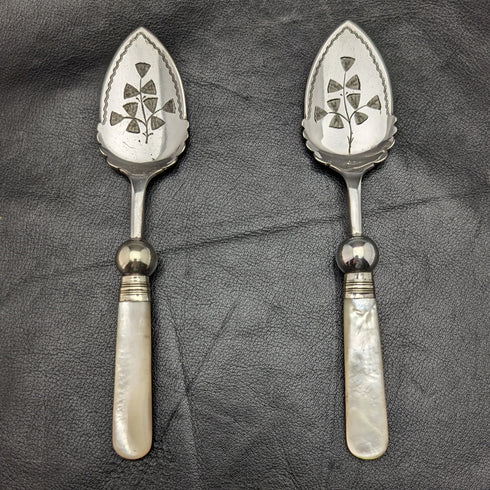 British Antique White Pearl Shell Handle Silver Plated Jam Spoon Pair